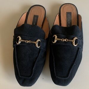Steve Madden Black Suede Mules with Gold Accent